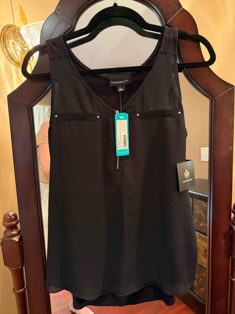 Black Fortune+Fate Sleeveless Zip-Front Shell Top